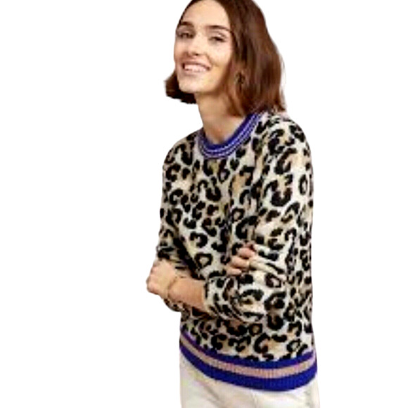 Cliche Sweater Size L Leopard Print w Academia Stripes Black Blue Cream Cognac - Picture 1 of 7